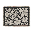 Neutral Japanese-Inspired Midnight Botanicals Floral Pattern Woven Blanket | Botanical Throw, Fringe Edge