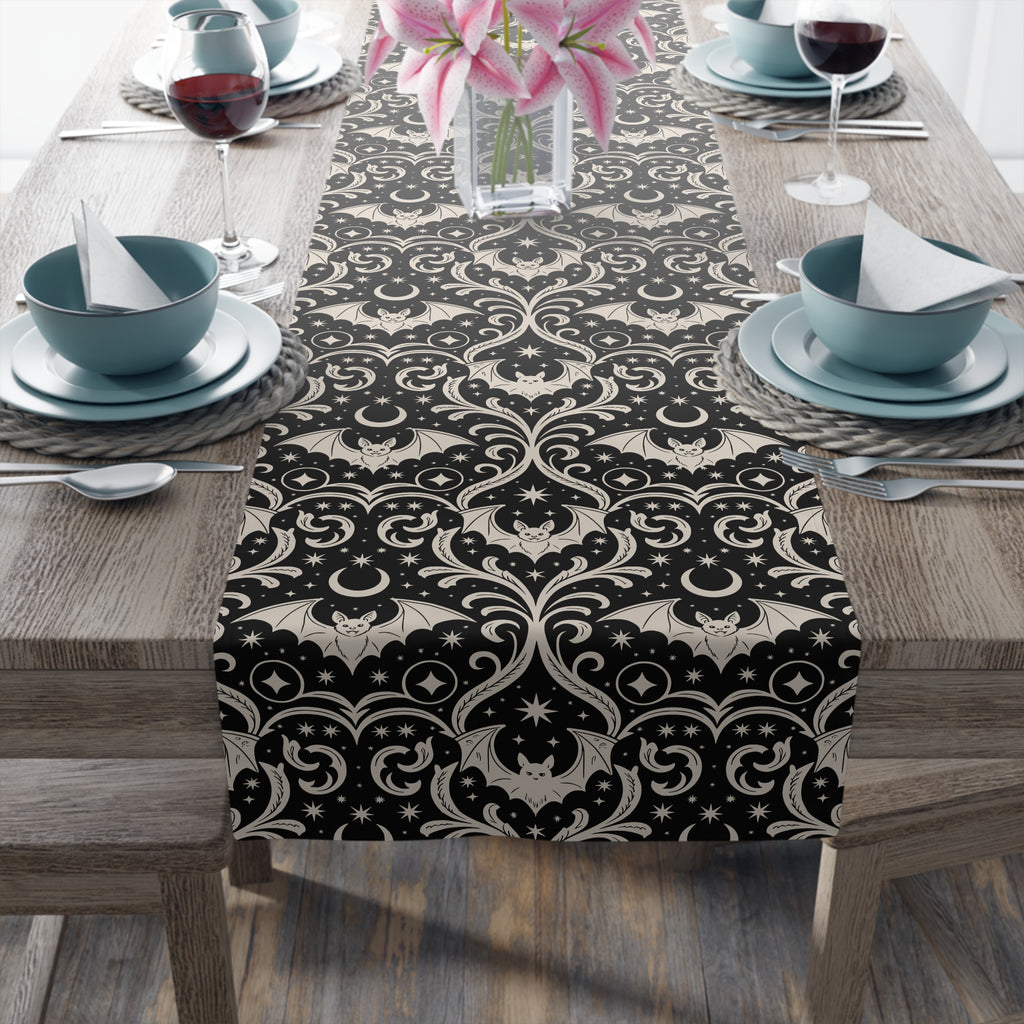 Gothic Bat Damask Table Runner | Black Halloween Table Decor
