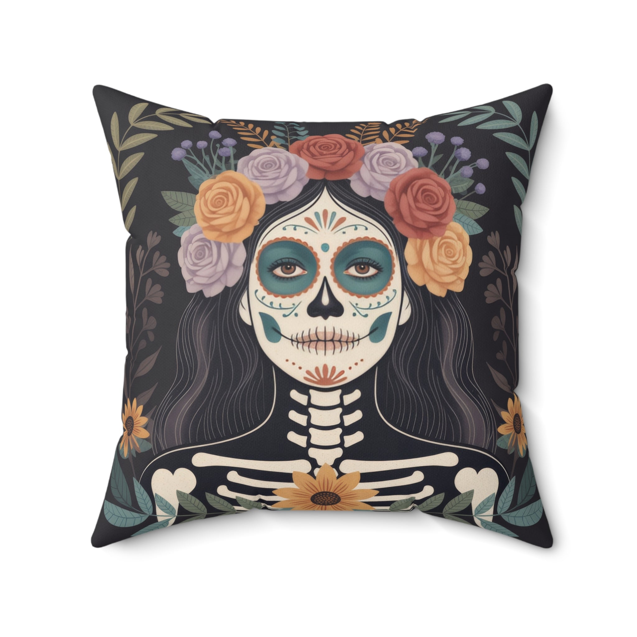 La Catrina Throw Pillow, Colorful Day of the Dead Skull, Mexican Folk Art Decor