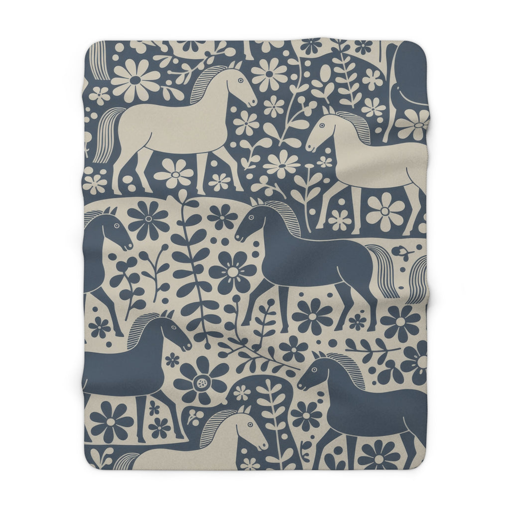 Scandinavian Dala Horse Folk Art Sherpa Fleece Blanket | Nordic Floral Pattern