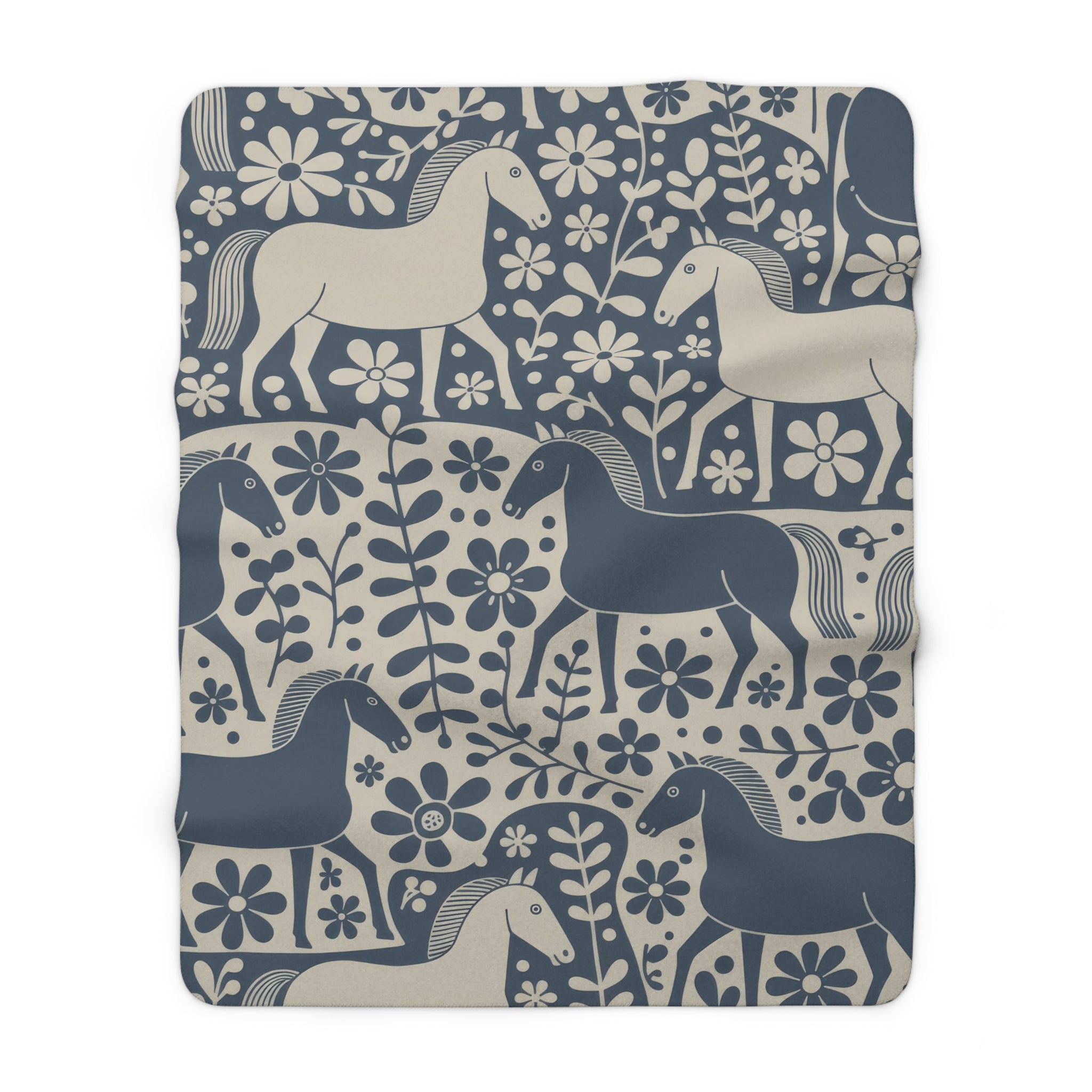 Scandinavian Dala Horse Folk Art Sherpa Fleece Blanket | Nordic Floral Pattern