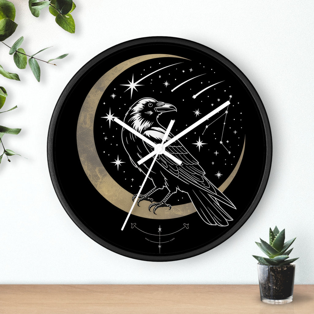 Raven Crescent Moon Wall Clock | Gothic Celestial Stars, Witchy Dark Academia