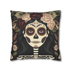 Gothic La Catrina Throw Pillow | Faux Suede Sugar Skull Cushion Cover, Dark Boho Decor