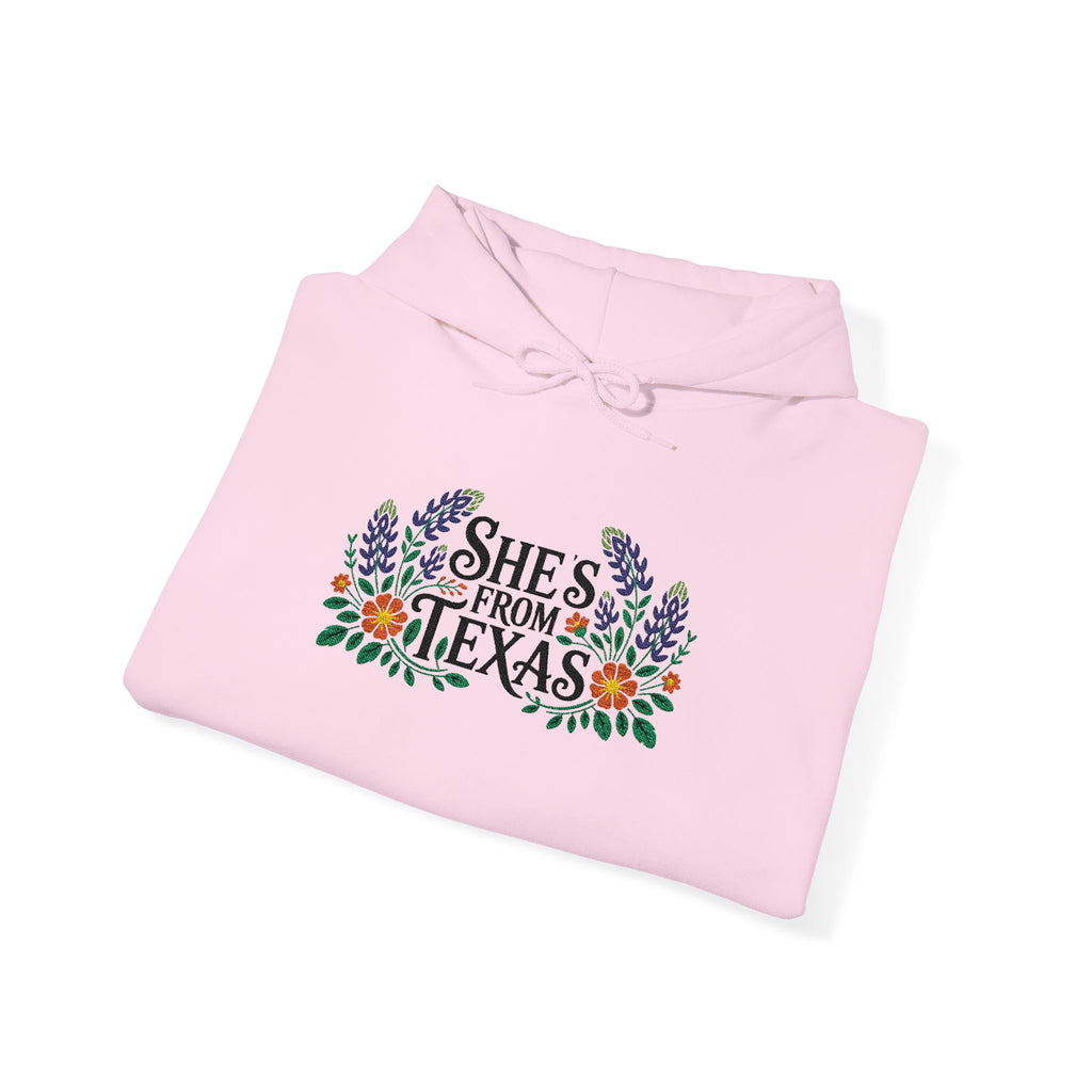 Personalized She’s From Texas Embroidered Hoodie | Bluebonnets