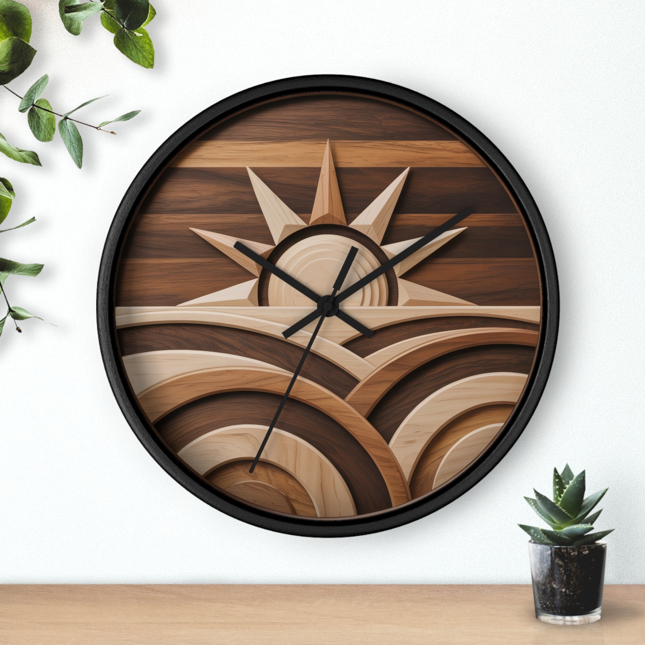 Mid Century Modern Clock Face Art, Geometric Sunrise Over Hills, Marquetry Style, Neutral Scandinavian Decor