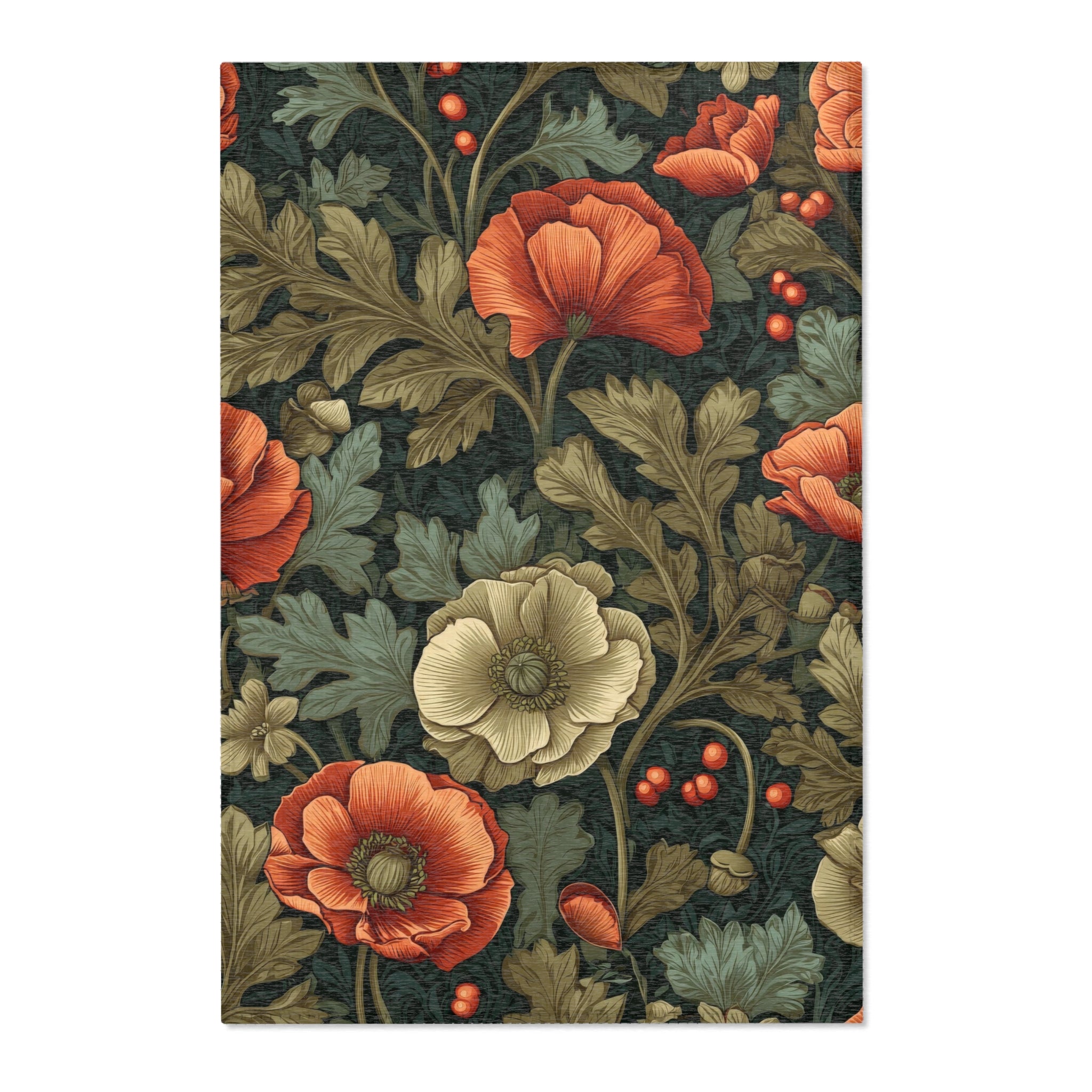William Morris Botanical Poppy Area Rug | Coral Orange, Teal Green Arts & Crafts