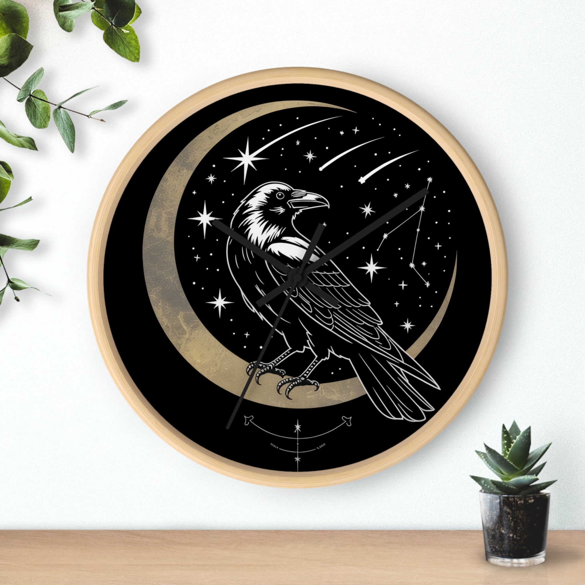 Raven Crescent Moon Wall Clock | Gothic Celestial Stars, Witchy Dark Academia