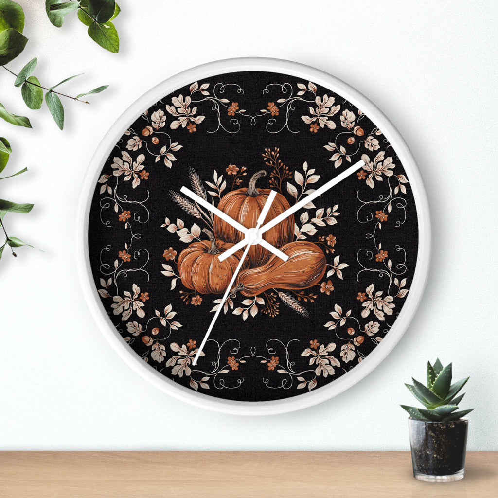 Autumn Pumpkin Wall Clock | Black Floral Fall Decor