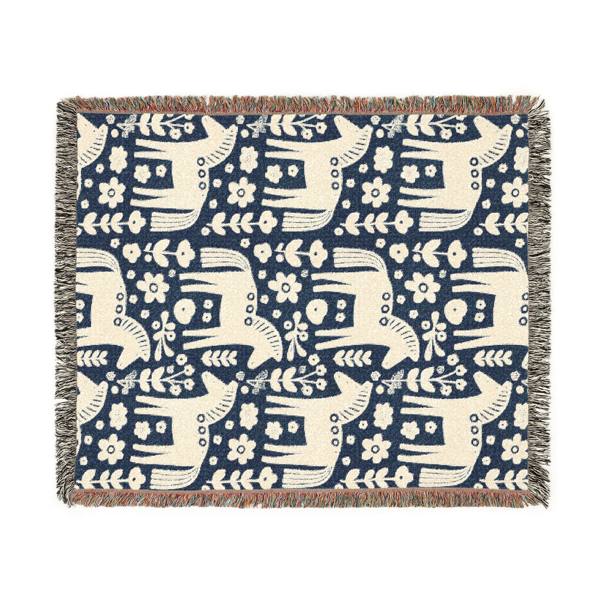 Scandinavian Dala Horse Woven Throw Blanket  | Nordic Folk Art Throw