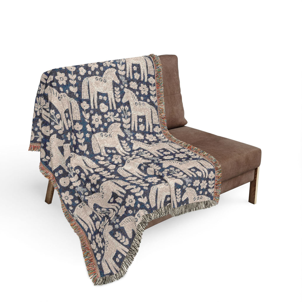 Scandinavian Dala Horse Woven Throw Blanket  | Nordic Folk Art Throw