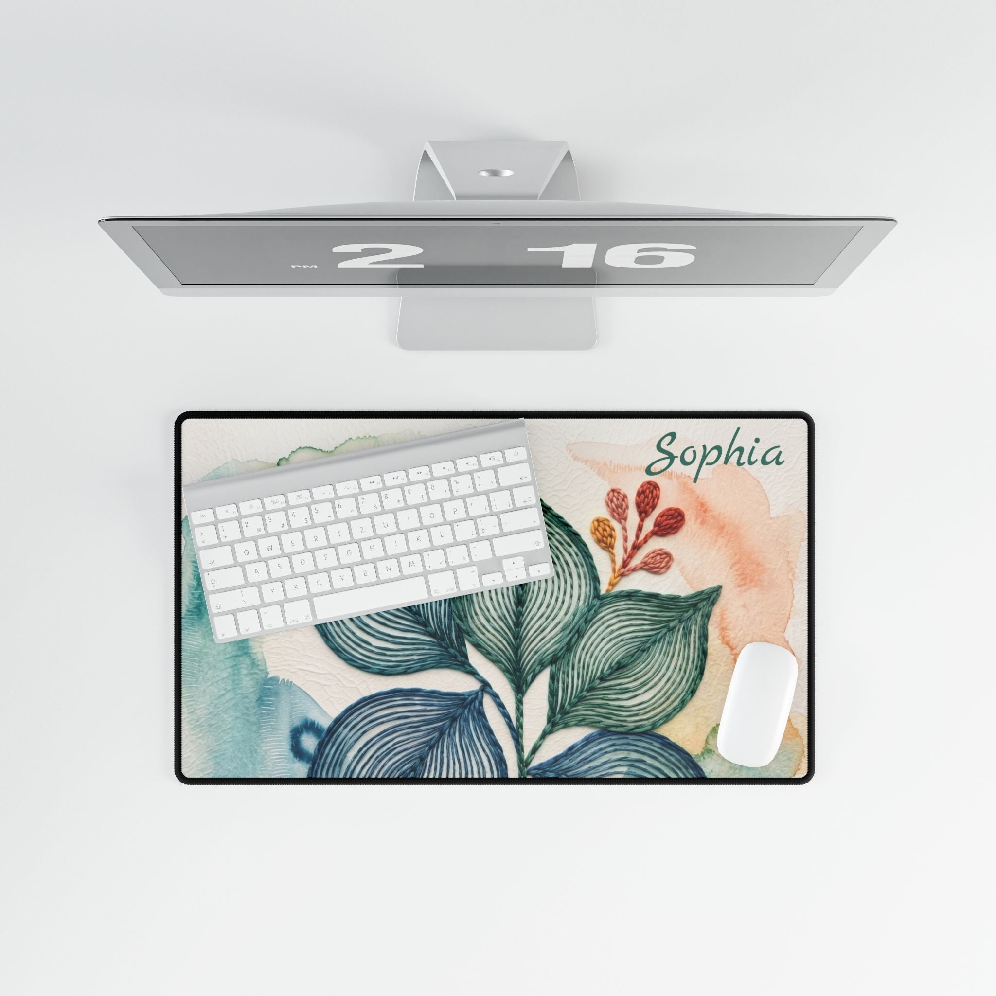 Abstract Leaf Desk Mat, Cubicle Decor, Blue Green Office Mouse Pad, Botanical Desk Accessory