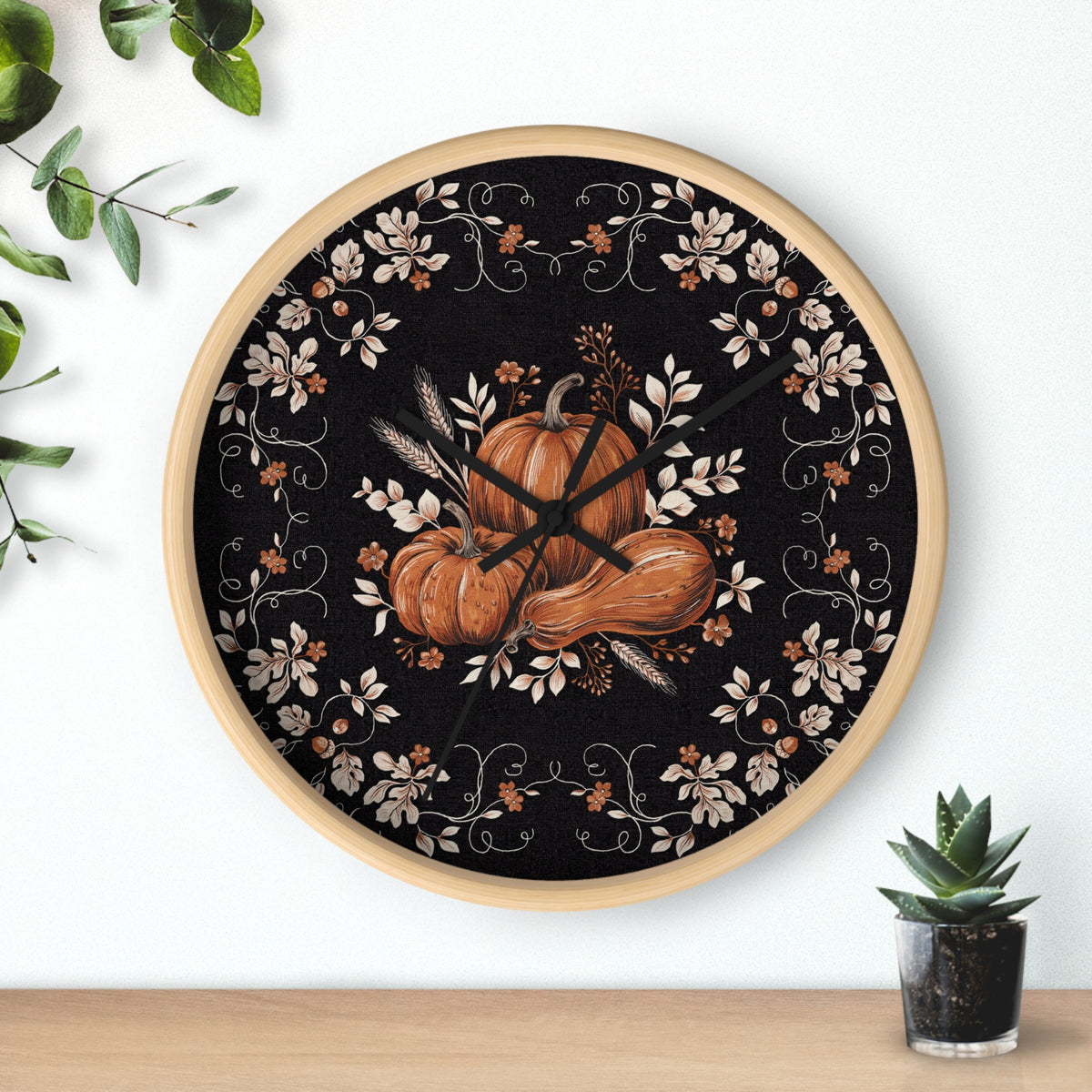 Autumn Pumpkin Wall Clock | Black Floral Fall Decor