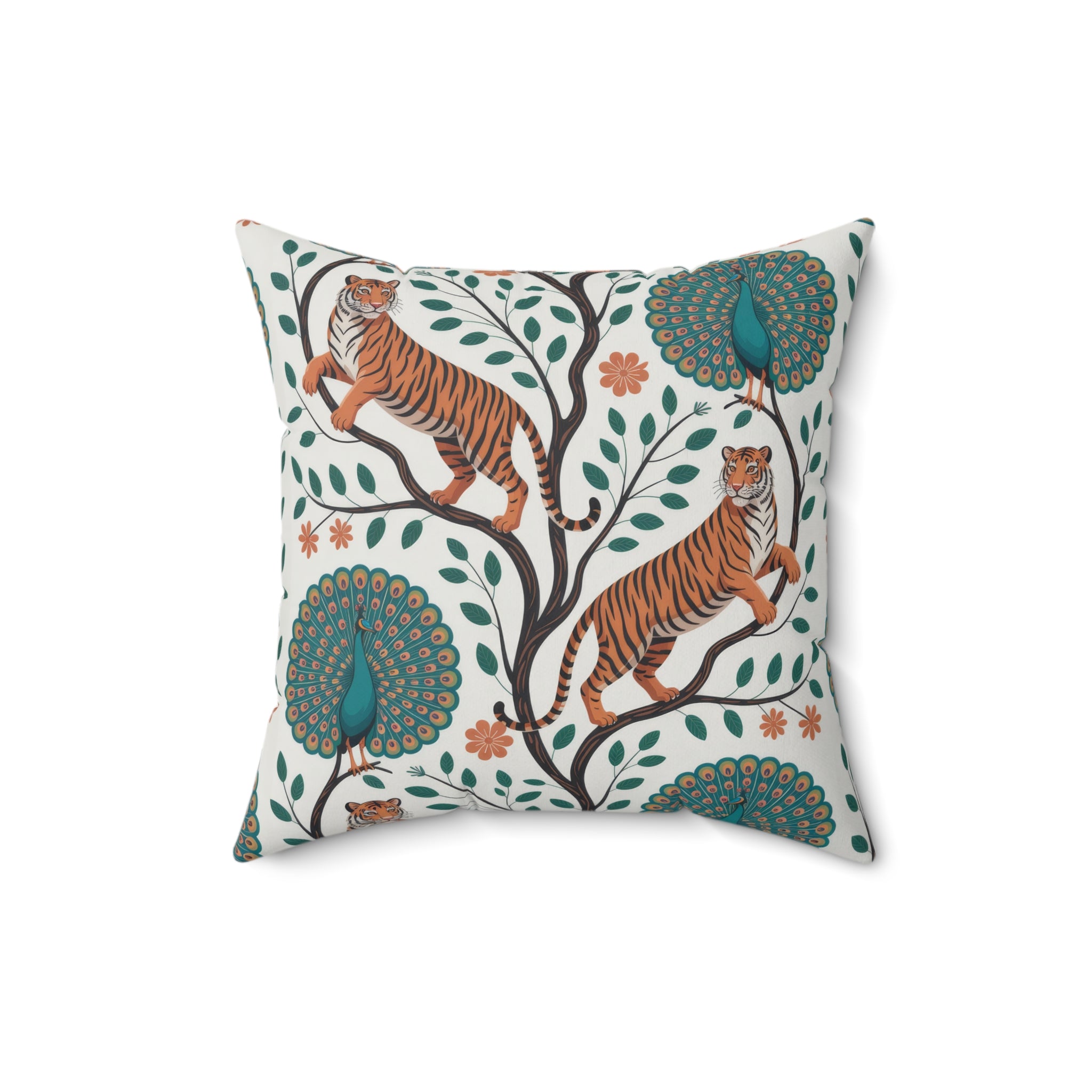 Tiger and Peacock Throw Pillow | Botanical Animal Print Square Pillow