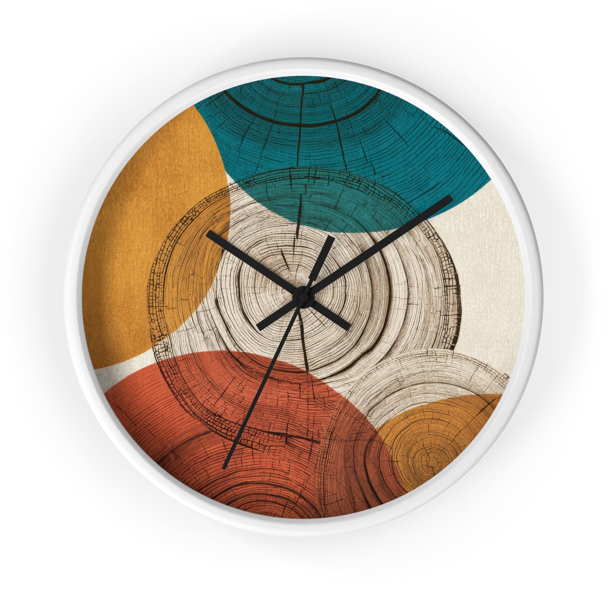 Mid Century Modern Clock | Abstract Tree Ring Wall Art, Atomic Geometric Woodgrain Circles in Teal, Ochre + Rust