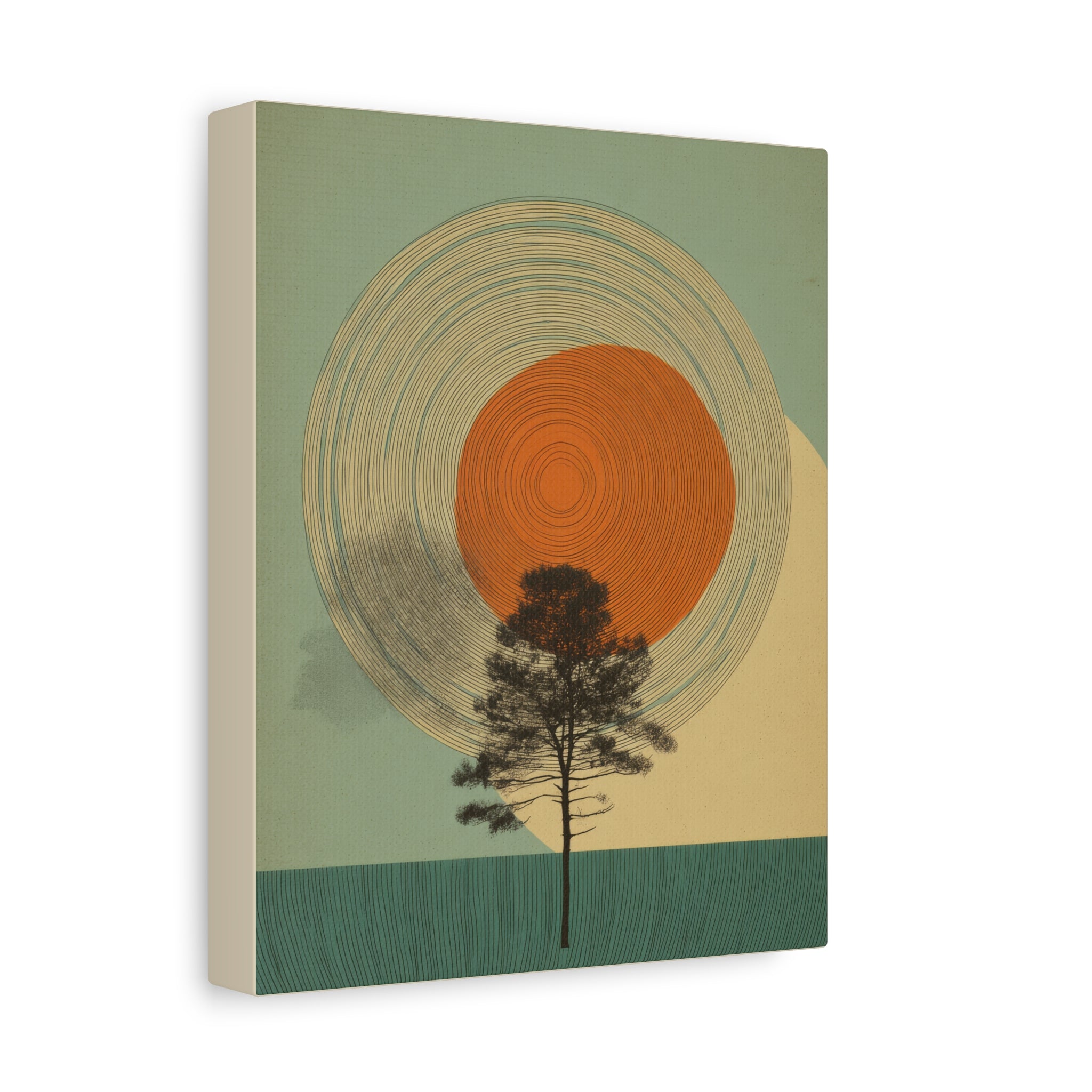 Tree Ring Wall Art | Mid Century Wall Art | Abstract Canvas Of Sun And Tree Nature Landscape