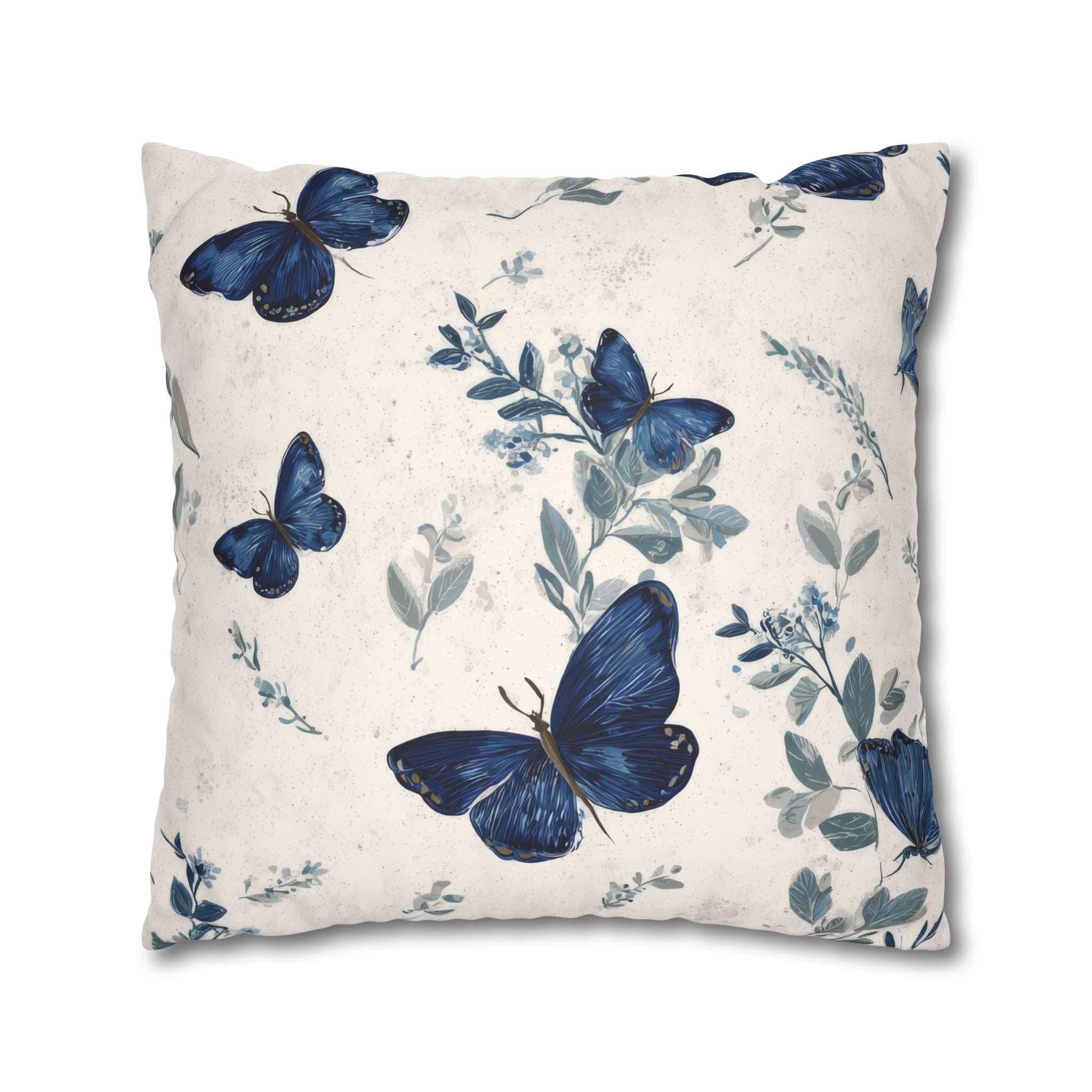 Blue Butterfly Botanical Faux Suede Pillowcase | Sapphire Cobalt Butterflies