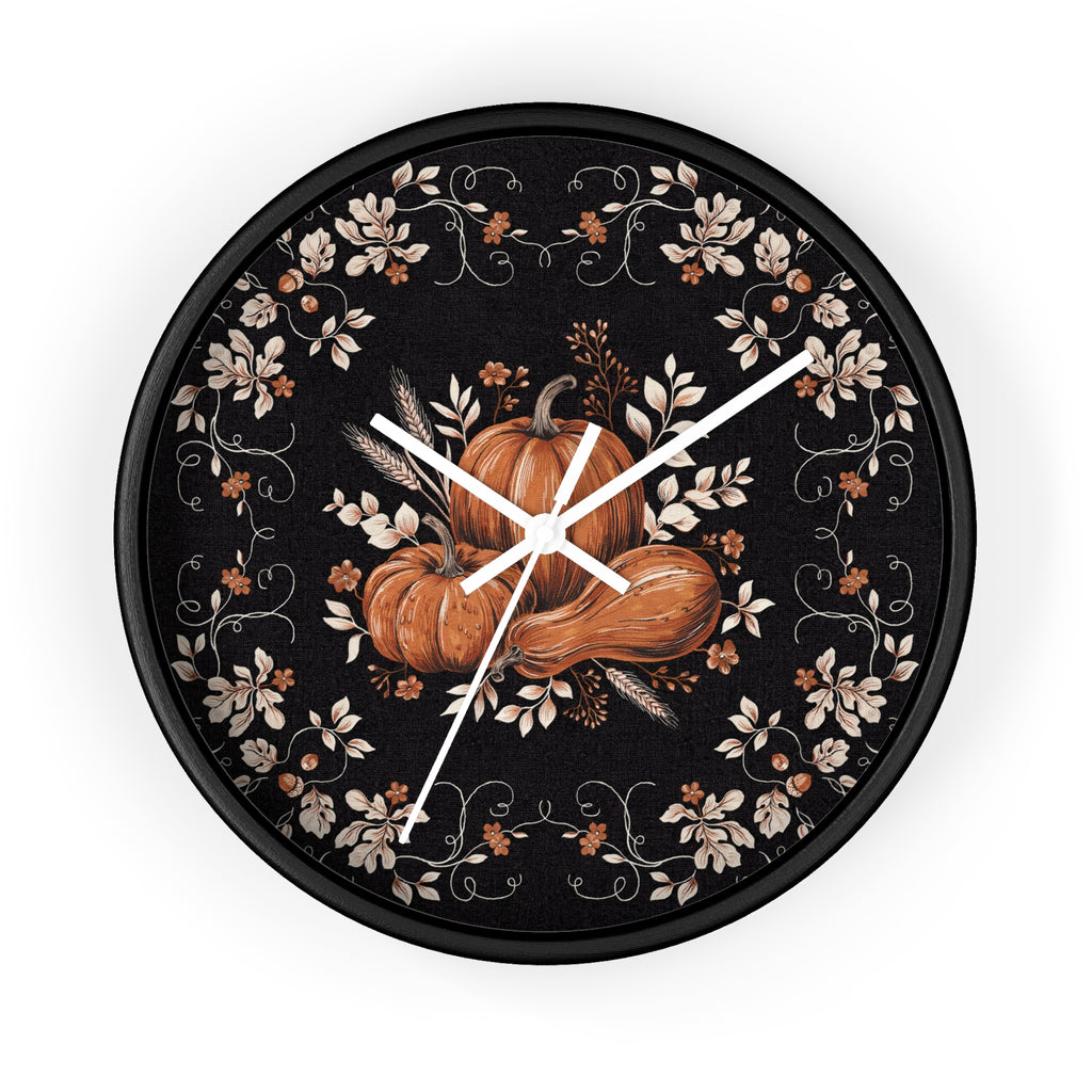 Black floral wall clock with painterly autumn pumpkins and wheat