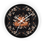 Black floral wall clock with painterly autumn pumpkins and wheat