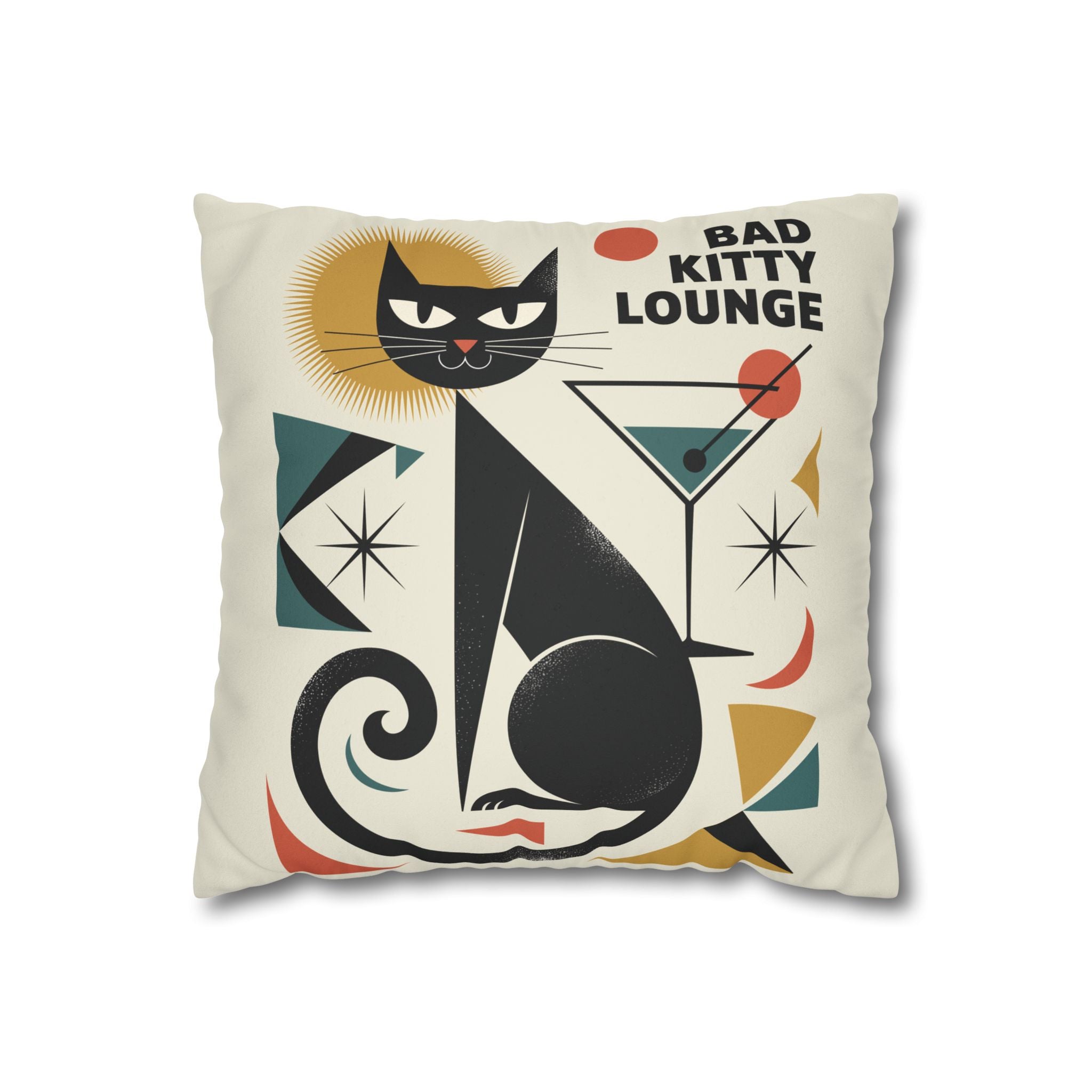 Bad Kitty Mid Century Modern | Art Deco Faux Suede Square Pillowcase | Retro Cat Accent