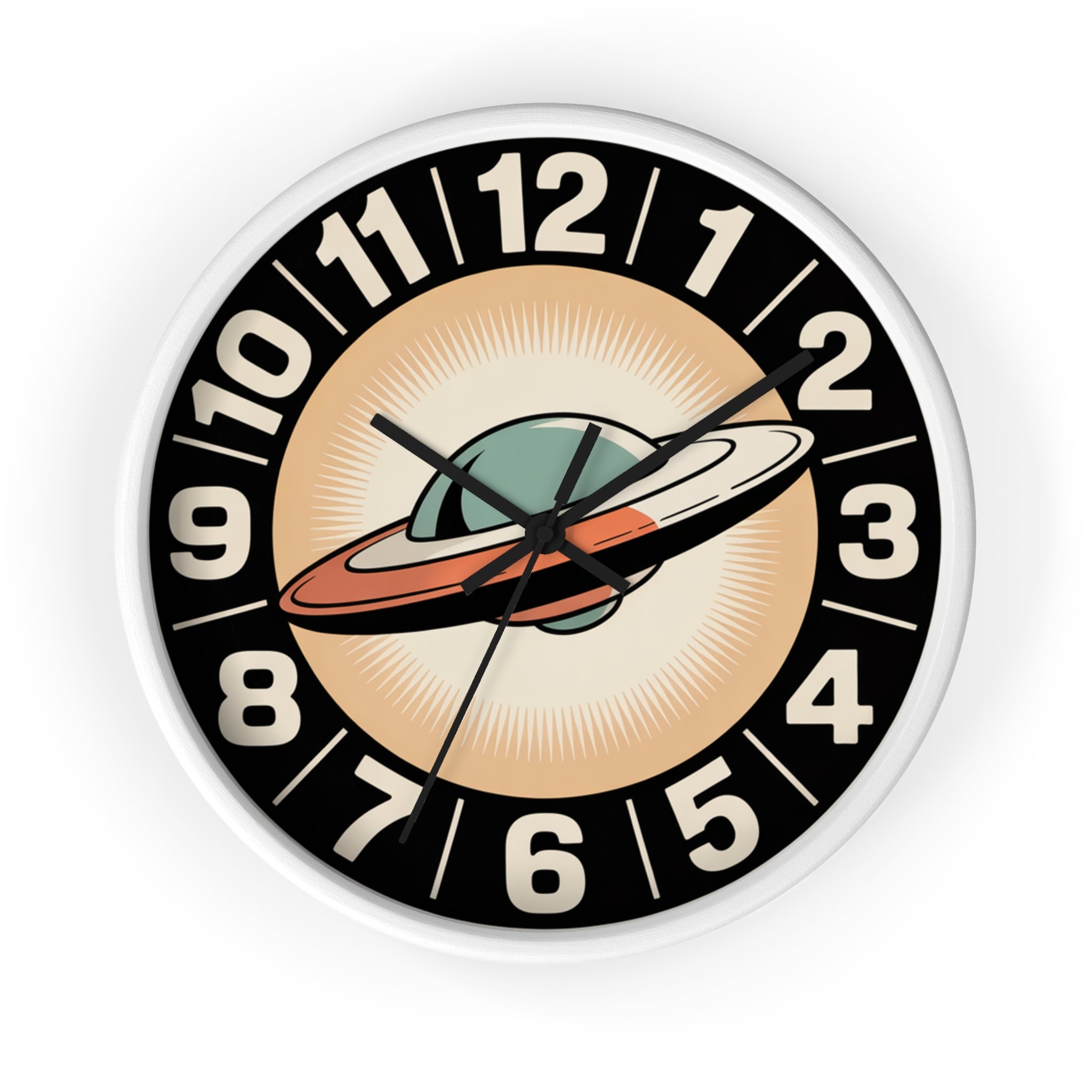 Mid Century Modern Clock, Retro UFO Wall Clock, Space Age Flying Saucer Design, Atomic Starburst Dial, 1950s Sci Fi Decor