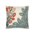 Mid Century Coral Teal Botanical Faux Suede Pillow Case | Modern Floral Decorative Accent