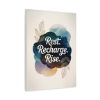 Angled view of 18 × 24 Rest Recharge Rise botanical canvas