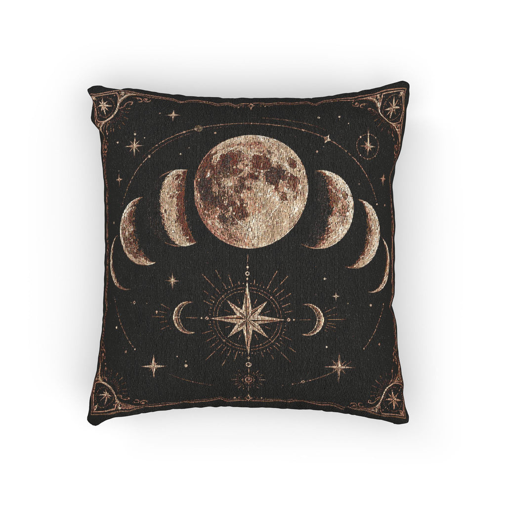 Warm bronze moon phases woven throw pillow shown from the front