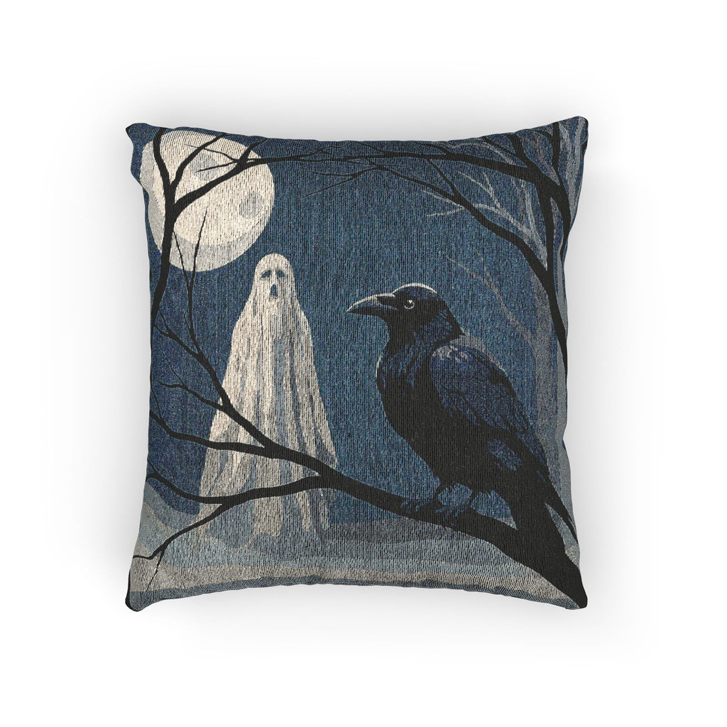 Ghost and raven woven Halloween pillow front view on a white background