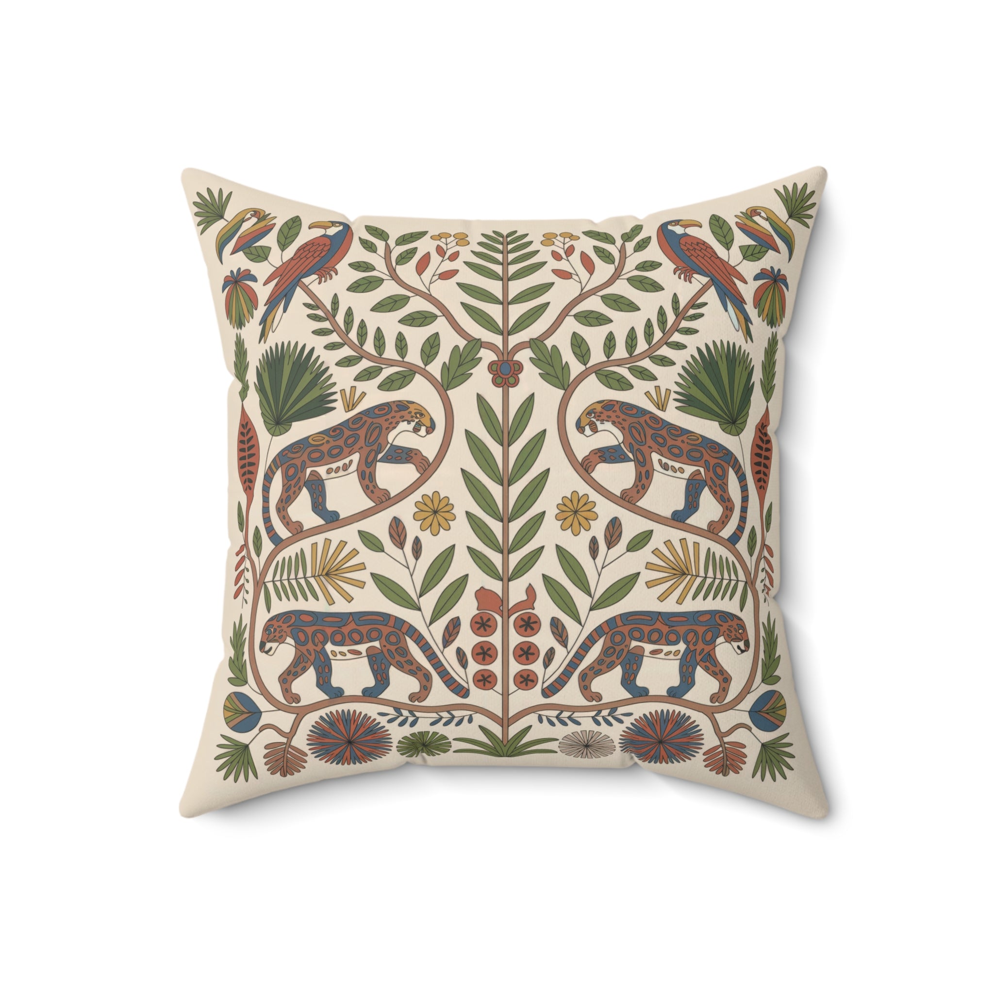 Jaguar and Tropical Bird Folk Art Throw Pillow with Botanical Design