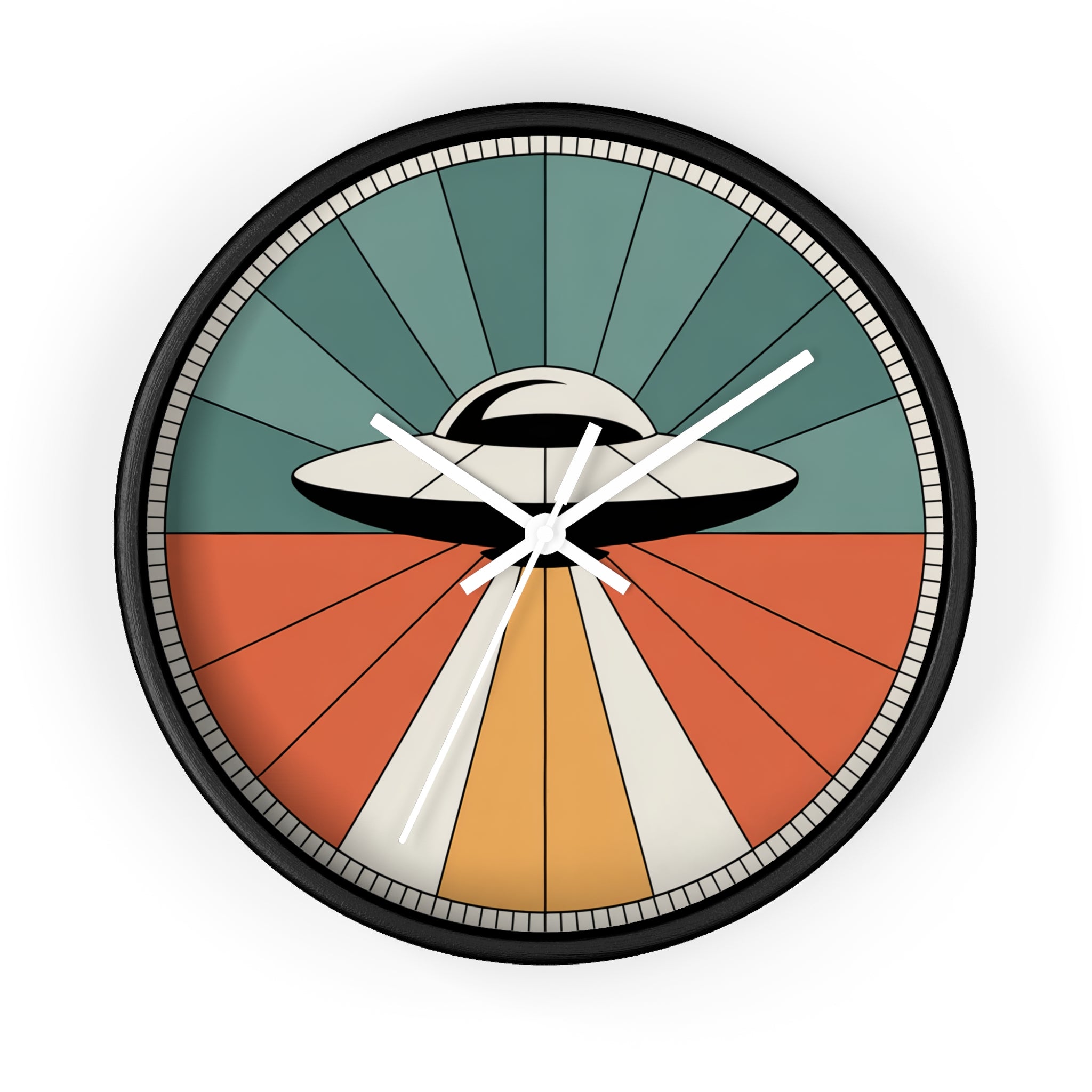 Mid Century Modern Clock, UFO Sunburst Wall Clock, 1950s Space Age Poster Style, Teal Orange Retro Sci Fi Decor, Atomic Starburst Dial