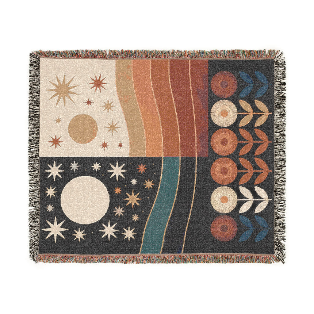Celestial Sun & Moon Woven Blanket | Retro Desert Stars Mid-Century Boho