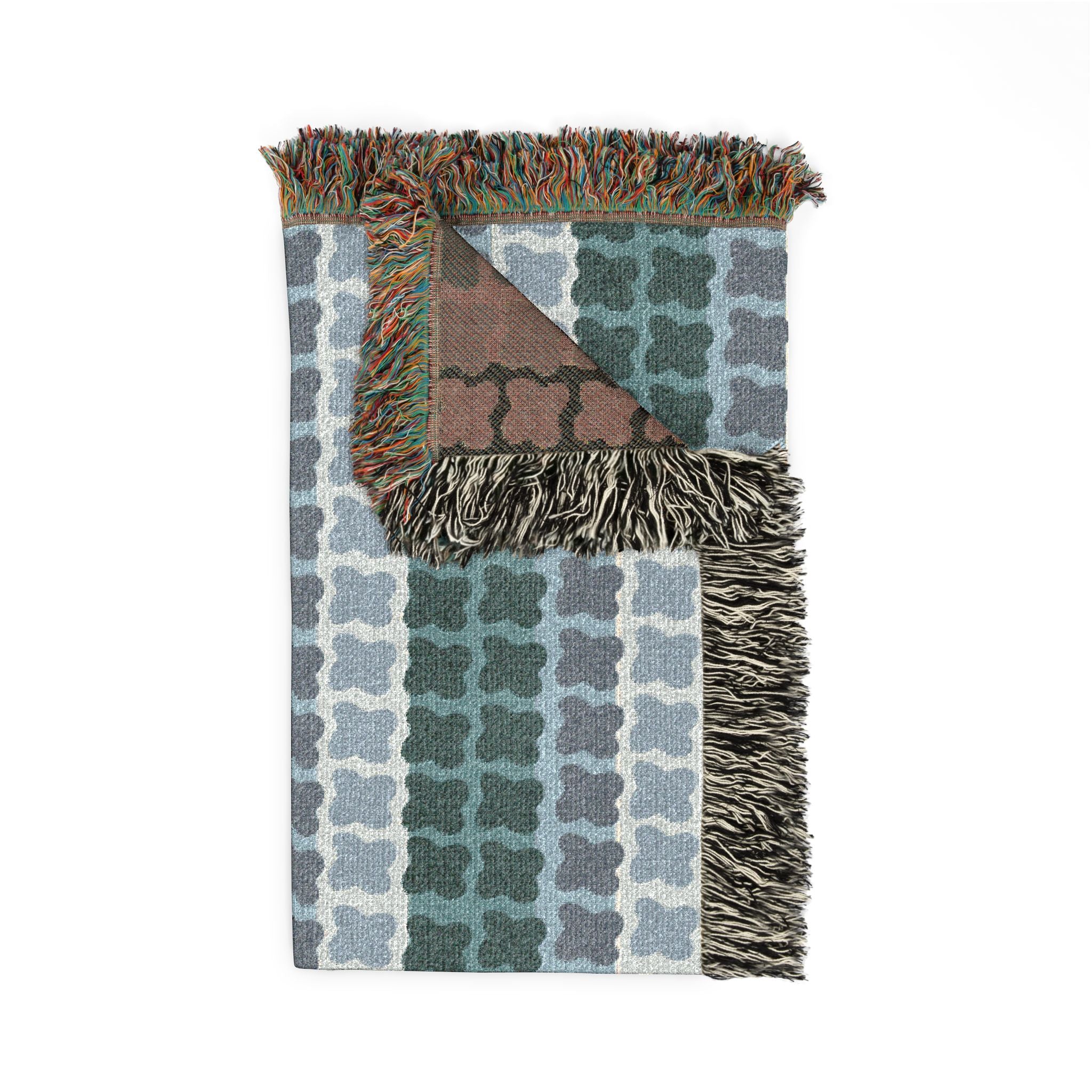 Mid Century Modern Cotton Throw Blanket | 1960s Inspired Geometric Pattern | Retro Green Sofa Throw with Fringe