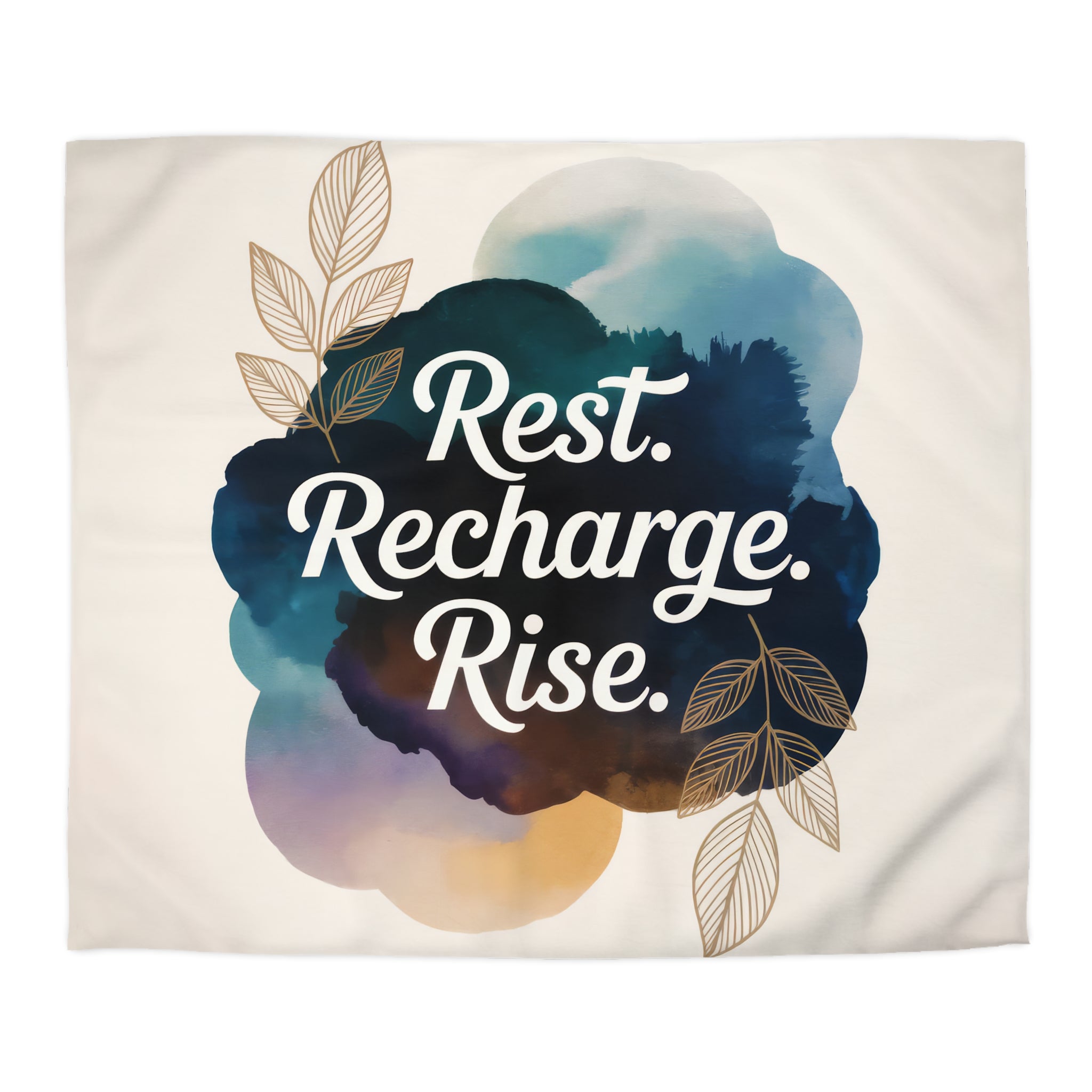 Rest Recharge Rise Duvet Cover | Watercolor Motivational Bedding | Navy Blue Botanical Comforter | Boho Decor | Twin XL Queen King