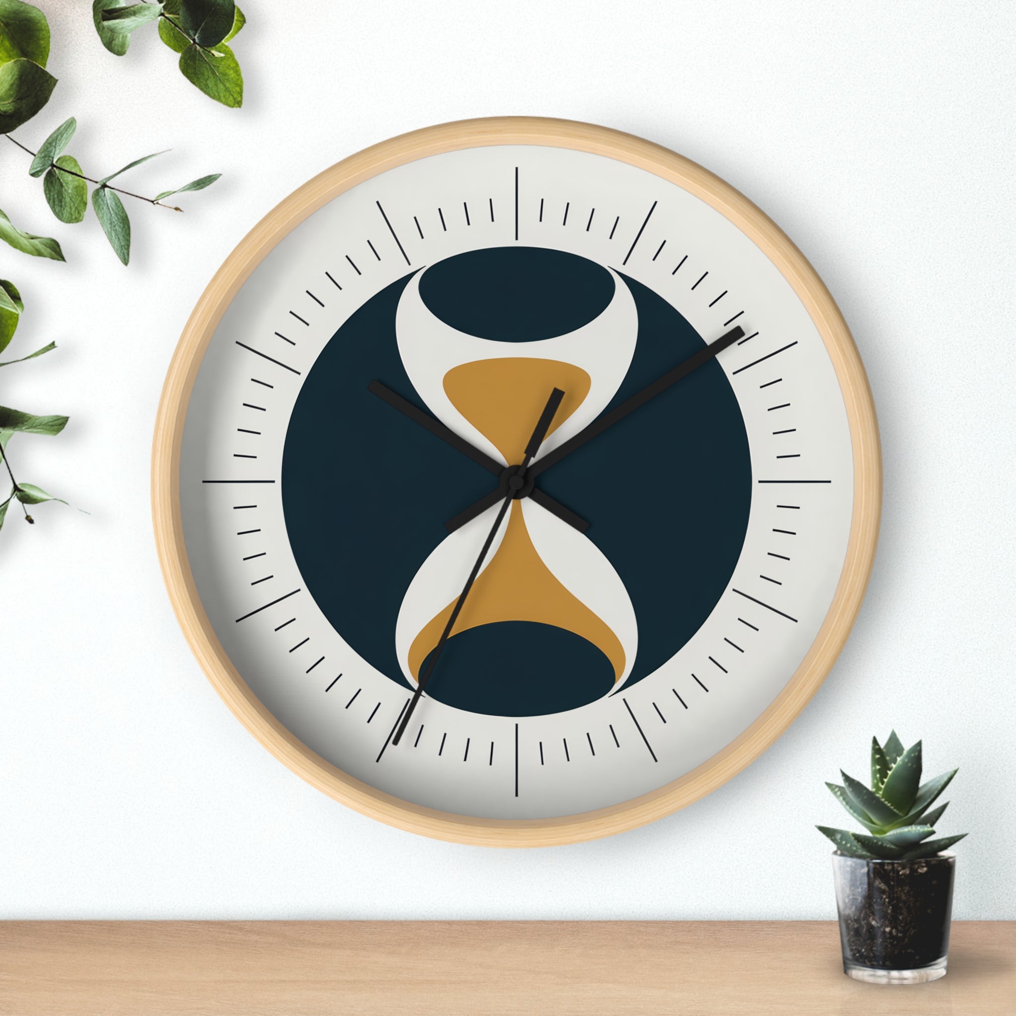 Mid Century Modern Clock | Atomic Retro Minimalist Hourglass Wall Clock | Navy & Gold