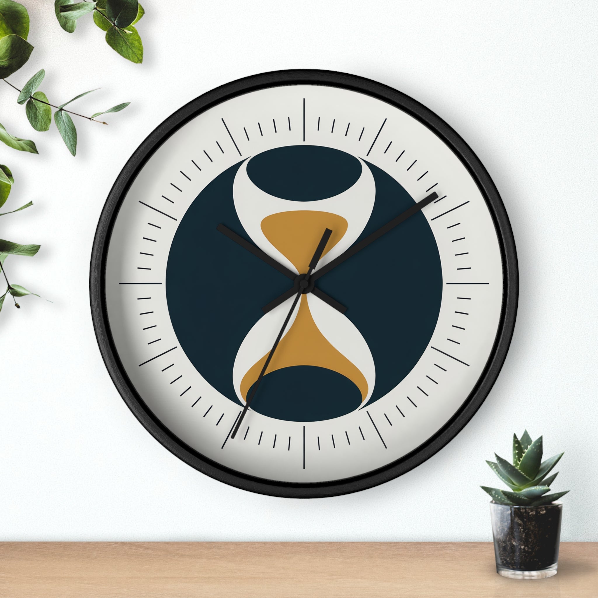 Mid Century Modern Clock | Atomic Retro Minimalist Hourglass Wall Clock | Navy & Gold