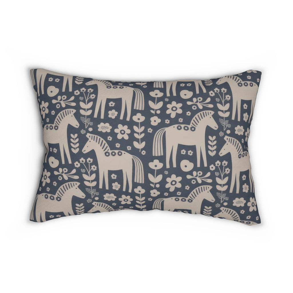 Scandinavian Blue White Folk Horse Lumbar Pillow | Decorative Throw