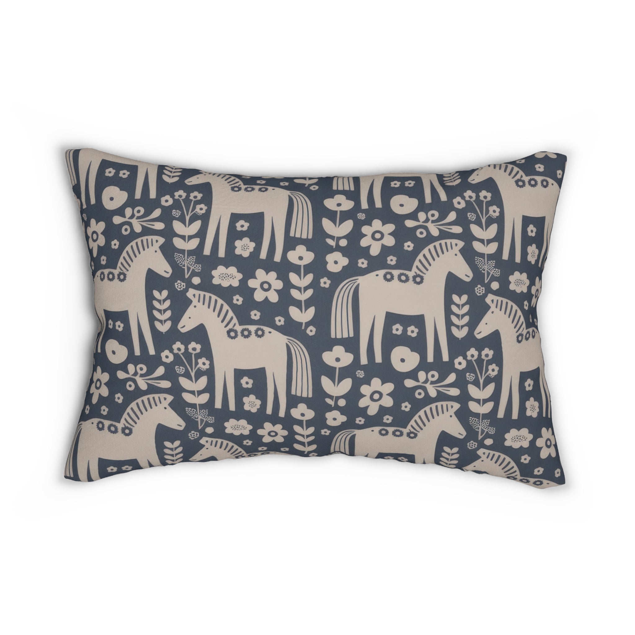 Scandinavian Blue White Folk Horse Lumbar Pillow | Decorative Throw