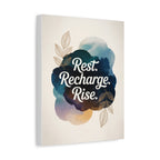 Angled view of 11 × 14 Rest Recharge Rise botanical canvas
