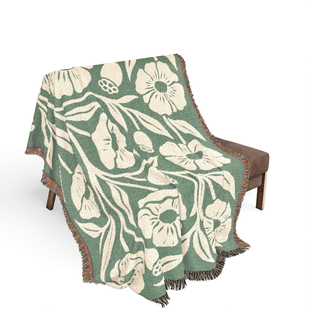 Botanical Floral Pattern Woven Blanket | Green Sage Cream Flower Throw