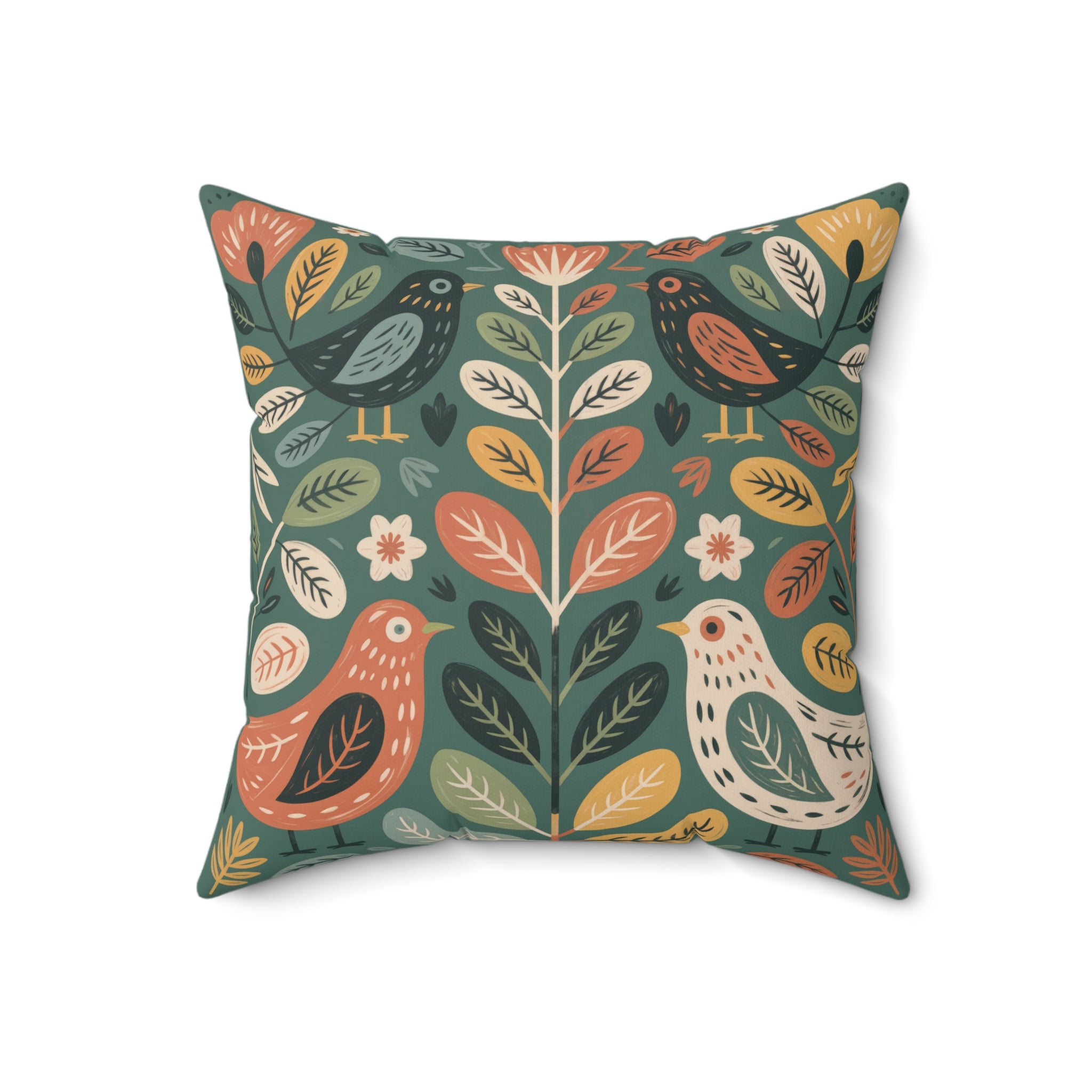Folk Bird Botanical Throw Pillow, Cottagecore Nature Decor, Decorative Faux Suede Cushion