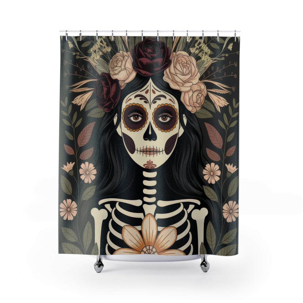 La Catrina Skull Dark Botanical Shower Curtain | Gothic Day of the Dead