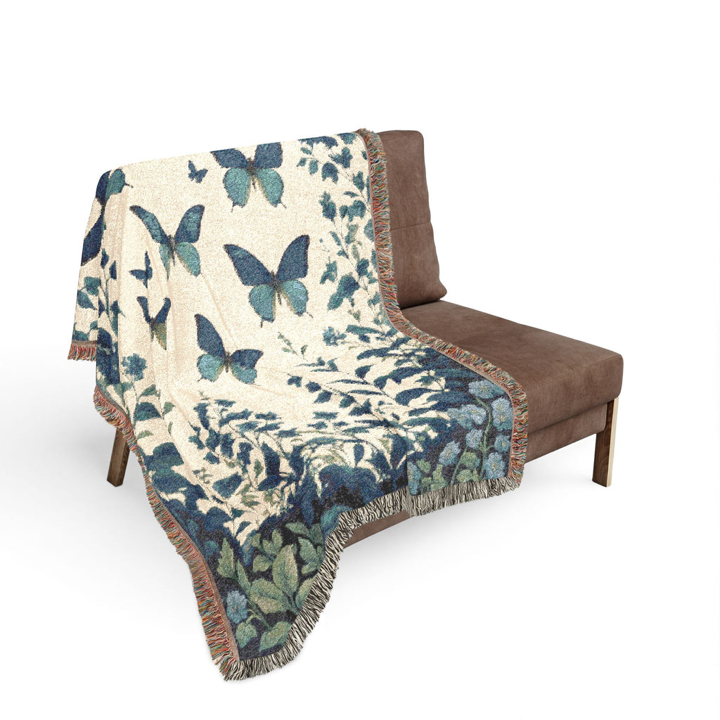 Blue Butterfly Botanical Woven Blanket | Cottagecore Throw