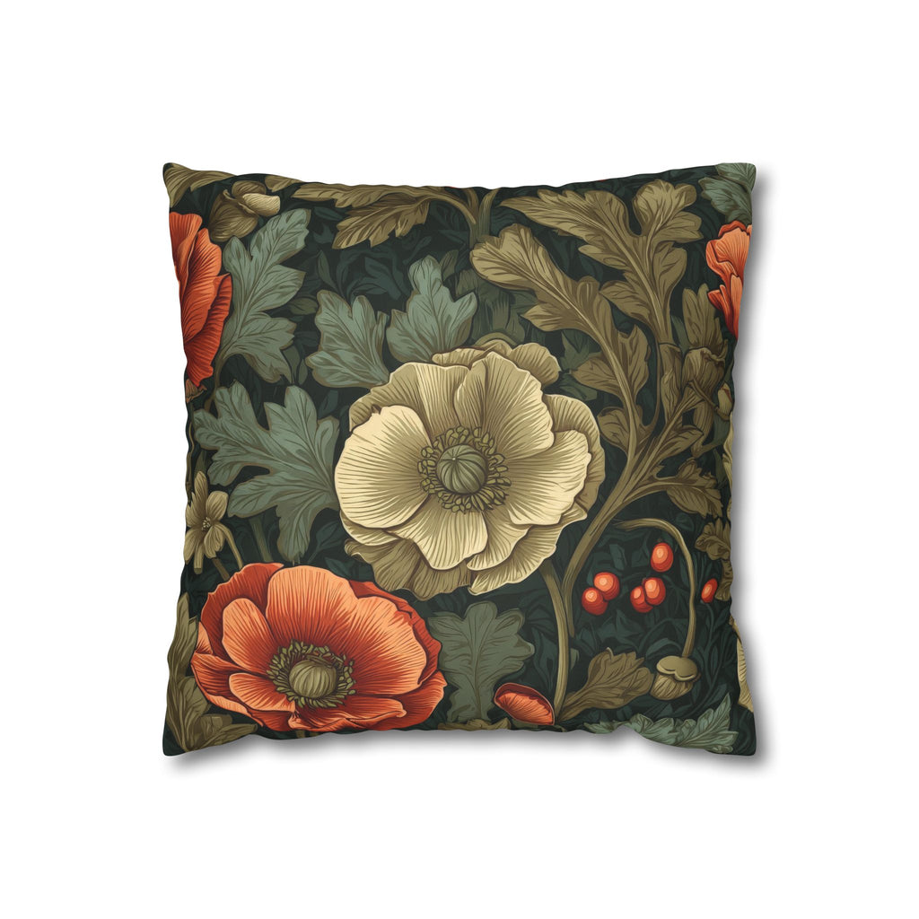 William Morris Inspired Poppy Garden Faux Suede Square Pillowcase