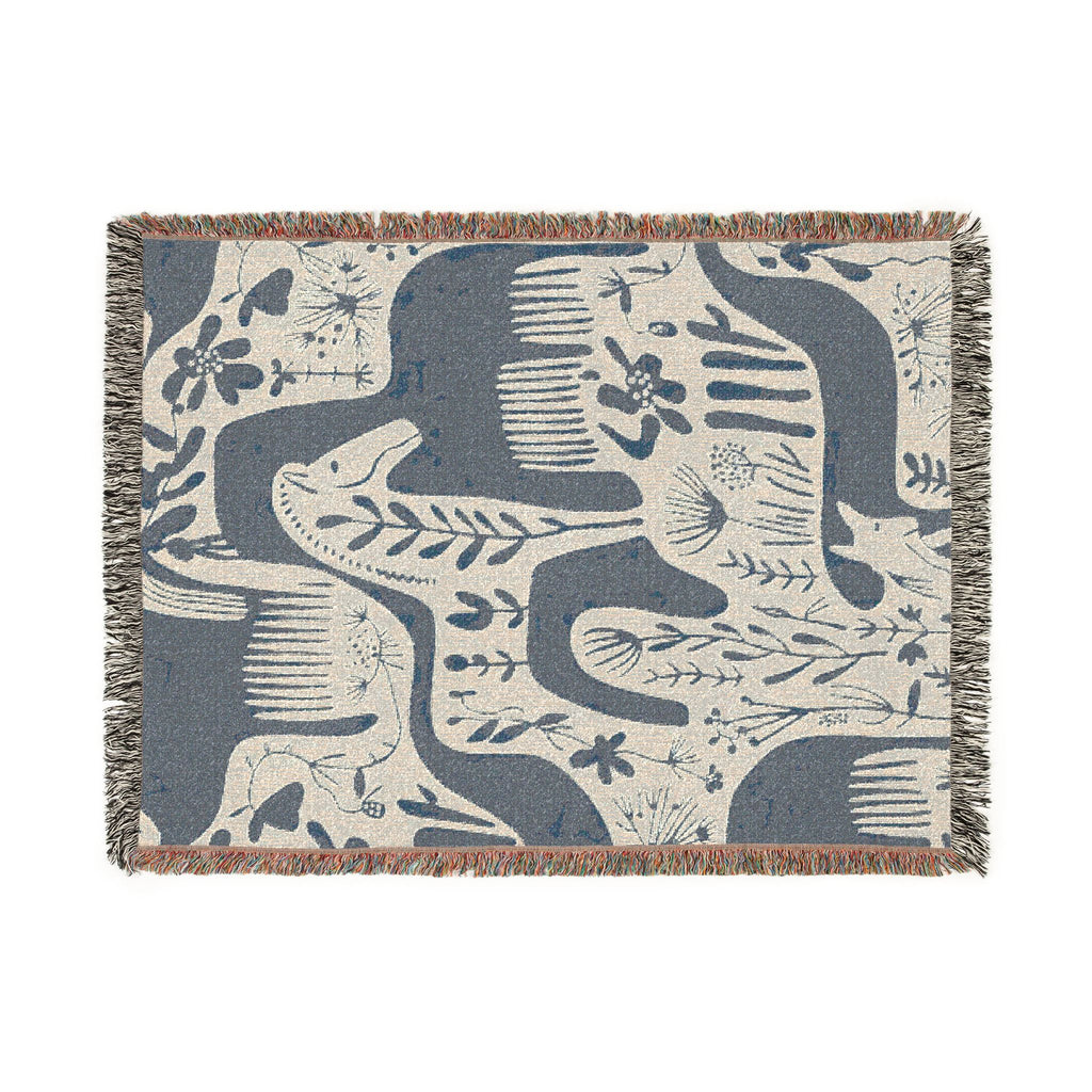 Scandinavian Horse Pattern Woven Blanket | Blue Cream Folk Art Tapestry