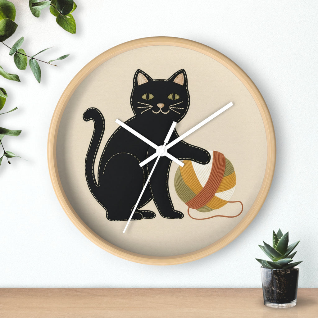Black Cat Yarn Wall Clock, Modern Minimalist Cat Decor, Knitting & Crochet Lover Gift, Playful Nursery or Craft Room Clock