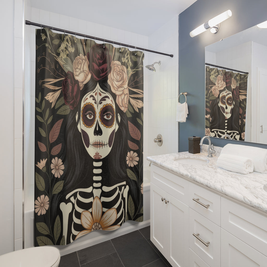 La Catrina Skull Dark Botanical Shower Curtain | Gothic Day of the Dead