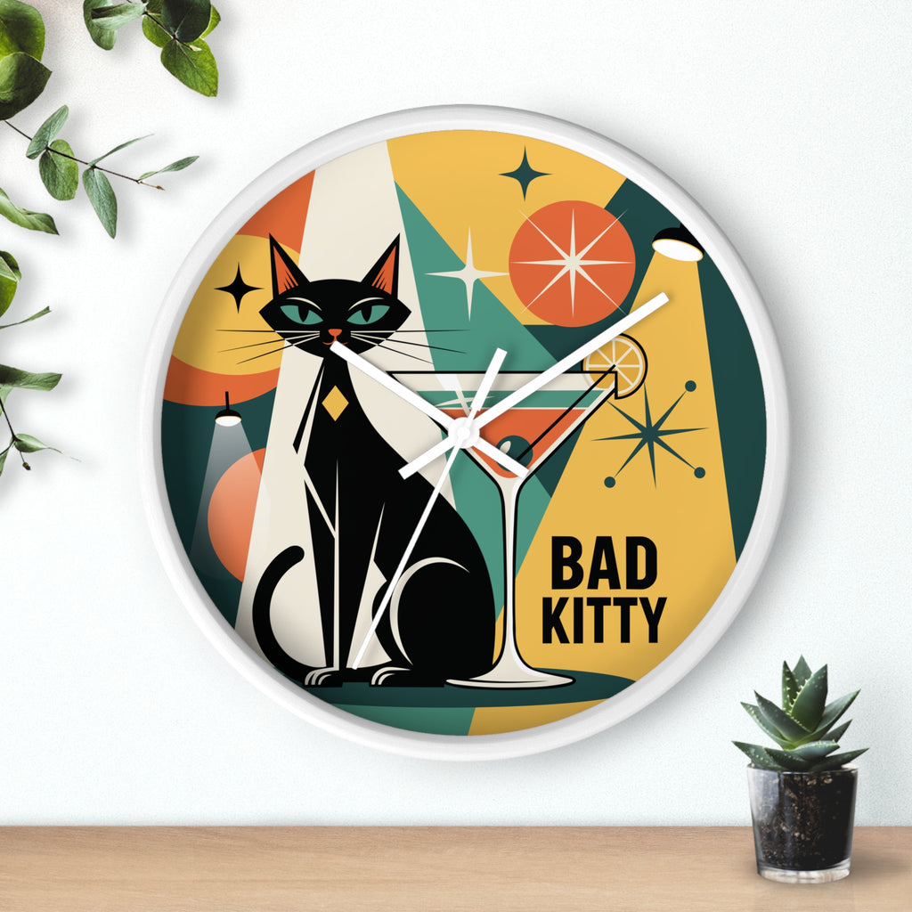 Bad Kitty Retro Cat Martini Wall Clock | Mid Century Modern Kitchen Decor