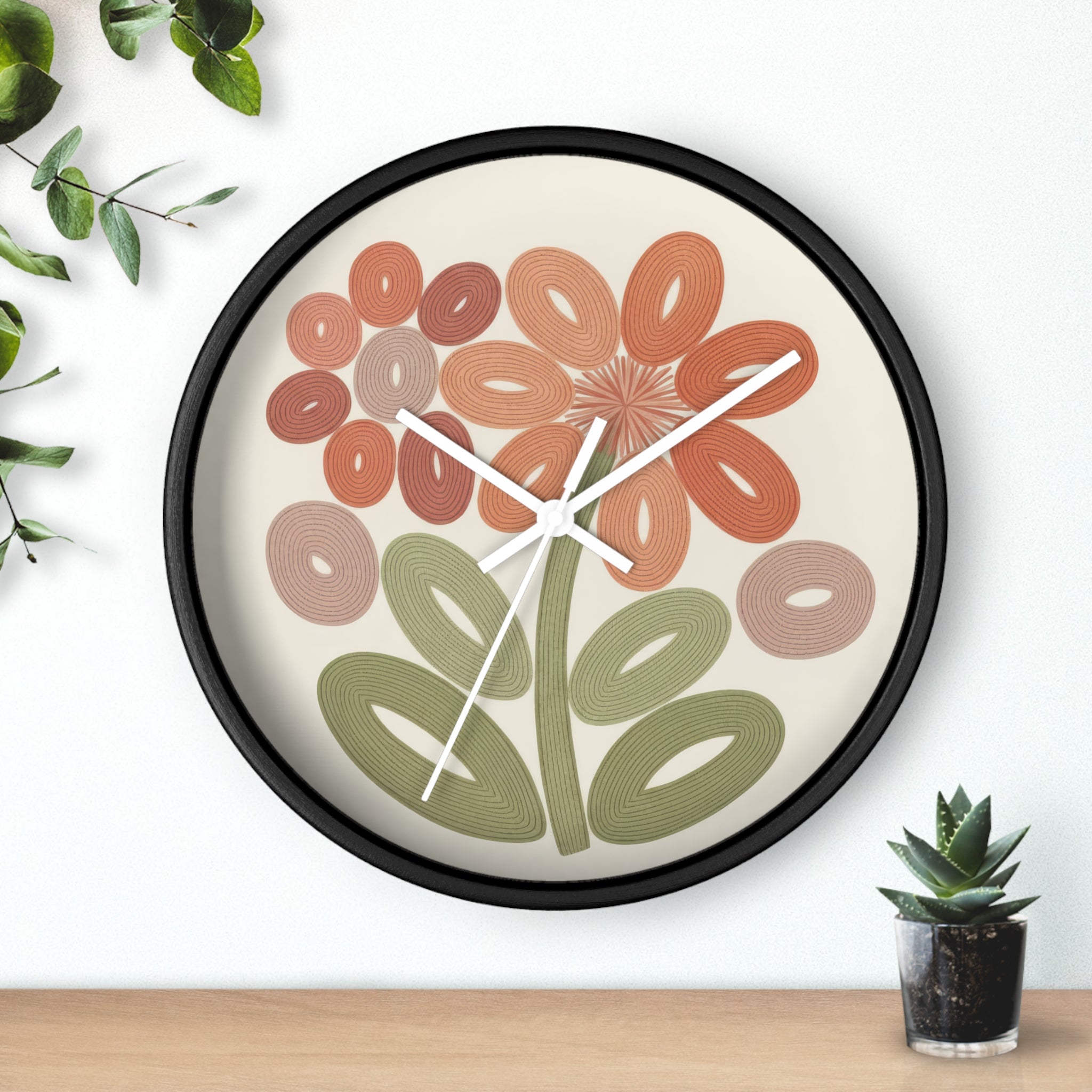 Mid Century Modern Clock, Retro Botanical Flower, Abstract Floral Kitchen Clock, Scandinavian Boho Home Decor