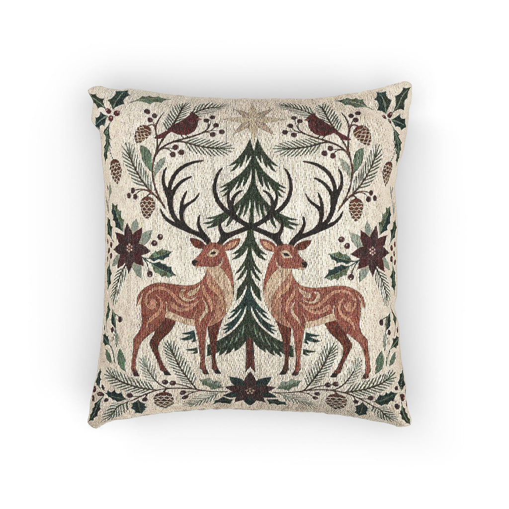 Front view of Christmas deer and cardinal woven pillow