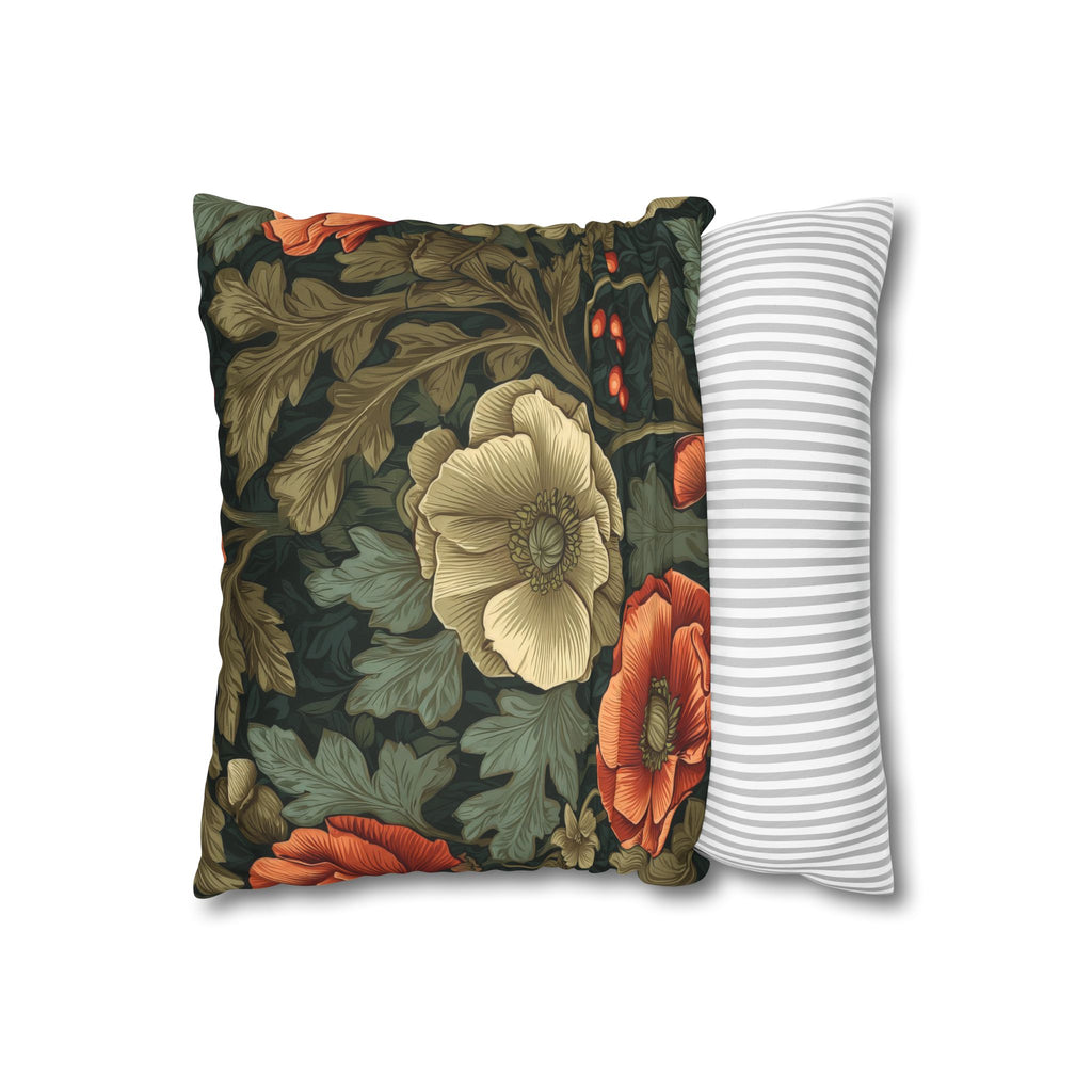 William Morris Inspired Poppy Garden Faux Suede Square Pillowcase